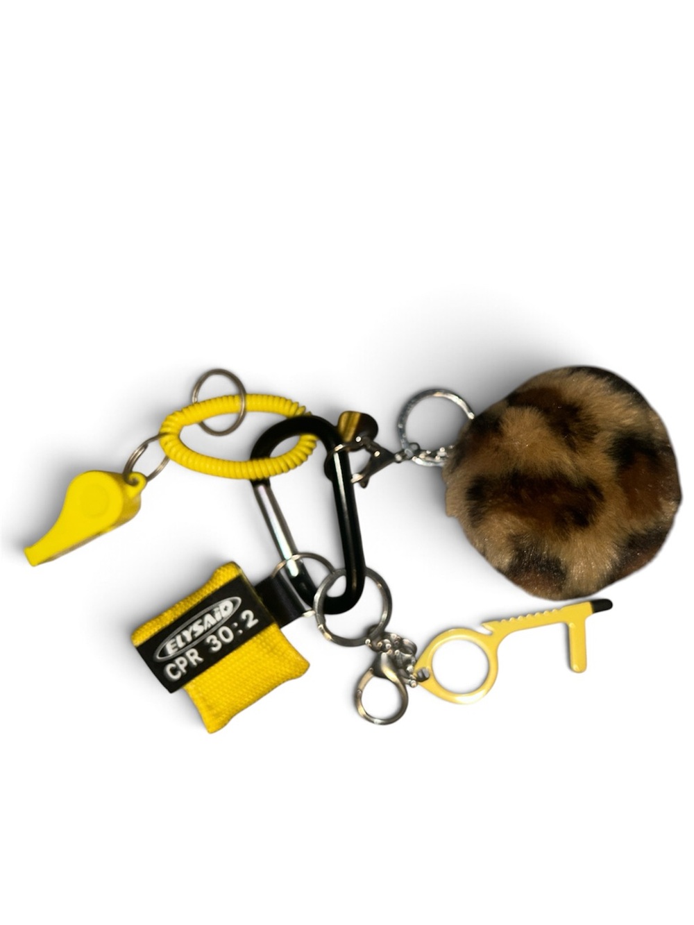 CPR Keychain Accessory Set with Yellow Whistle and Faux Fur Pom